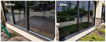 Before and after comparison of commercial storefront window showing the results of professional cleaning — commercial window cleaning tips in action.