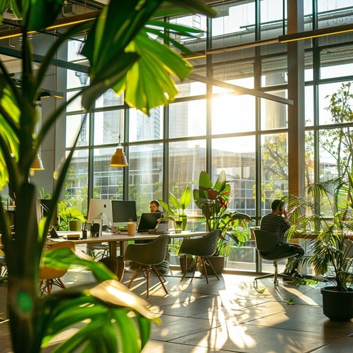 Employees working in a sunlit office with greenery after spring and summer facility cleaning services